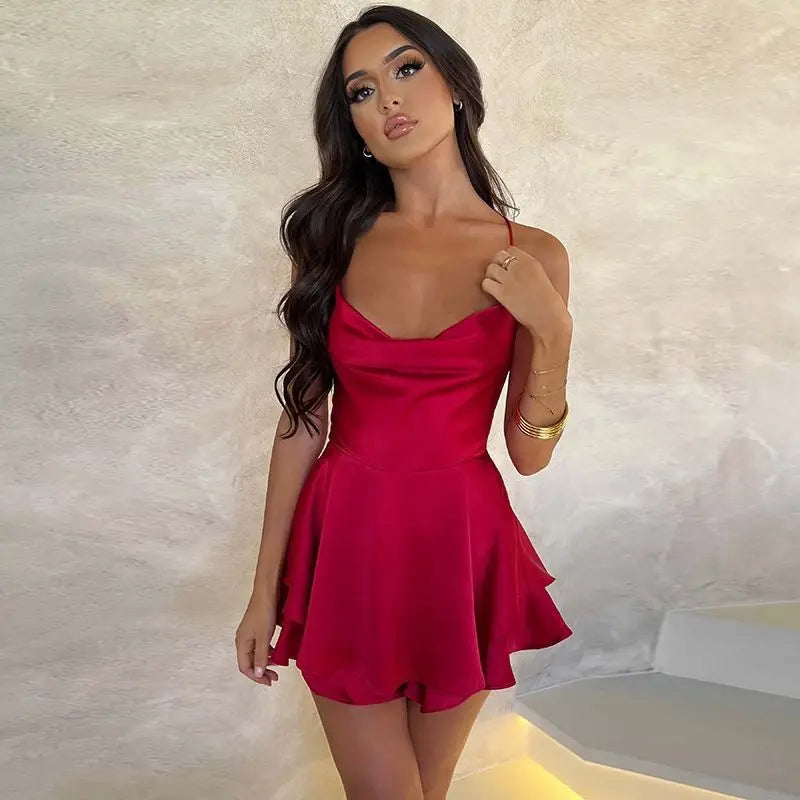 Women's Satin Open-Back Mini Cocktail Dress V-Neck Pleated Skater