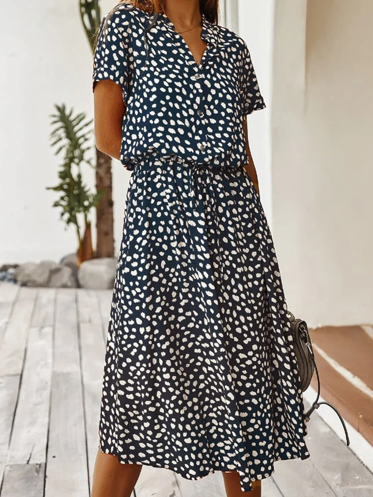 Women's Midi Summer Dress Adjustable Waist Lightweight Printed