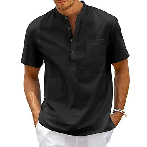 Men's Band Collar Short Sleeve Henley Shirt With Chest