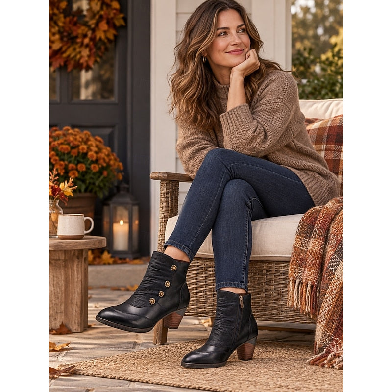 Women's Floral Button Ruched Booties with Stacked Heel
