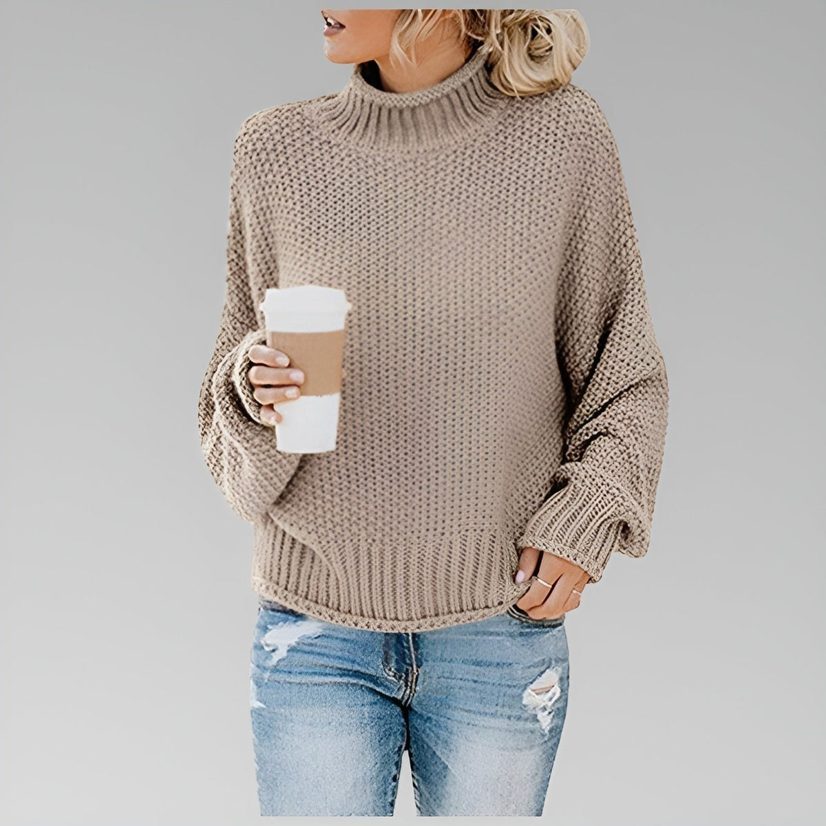 Women's Slouchy Textured Turtleneck Sweater - Beige