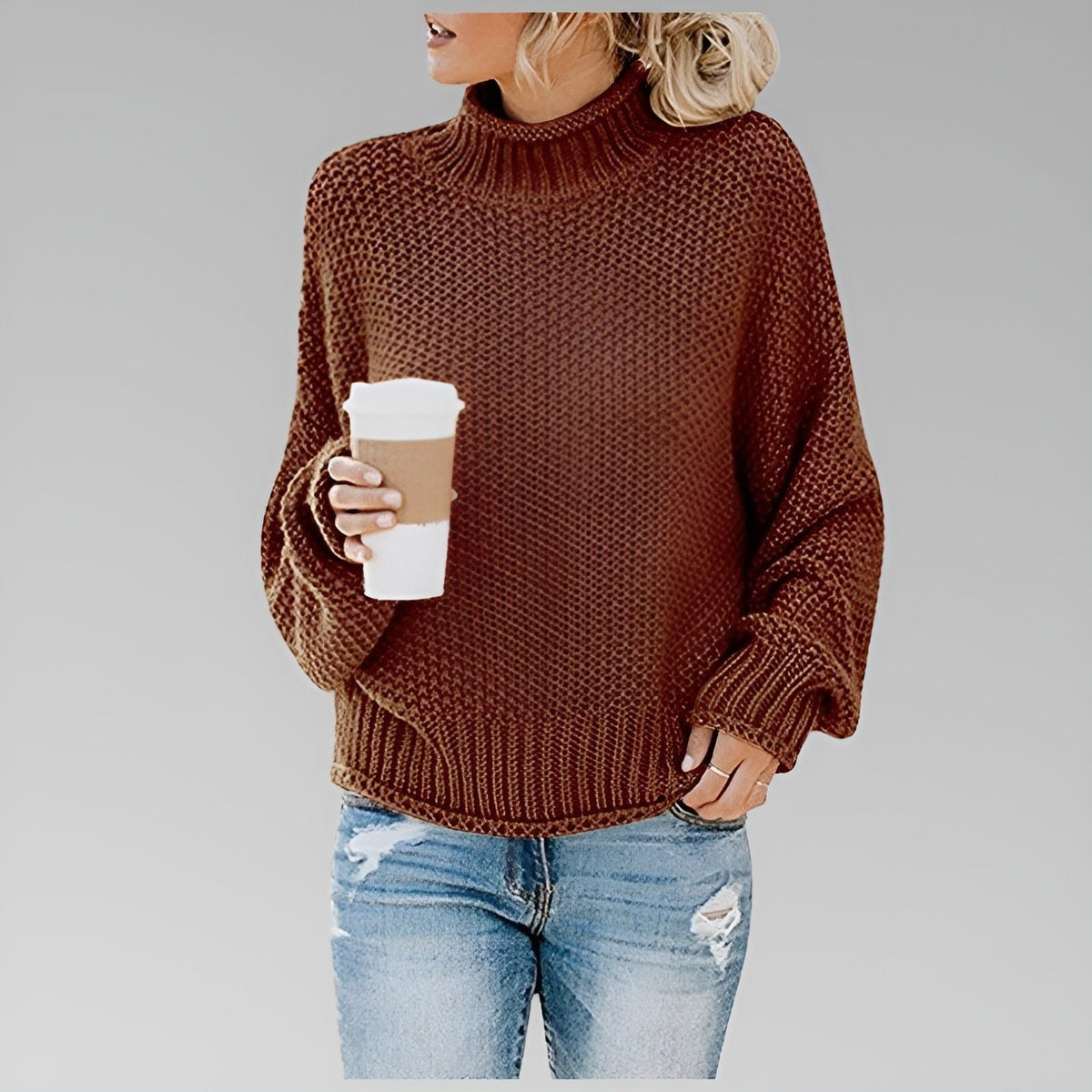 Women's Slouchy Textured Turtleneck Sweater - Brown