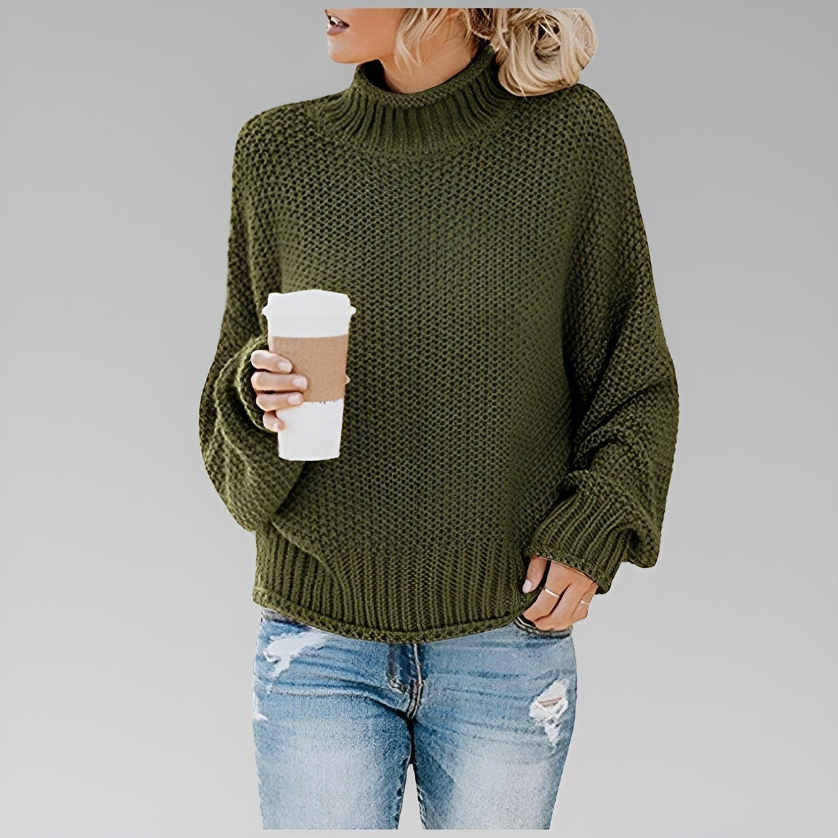 Women's Slouchy Textured Turtleneck Sweater - Green