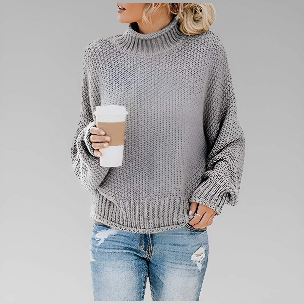 Women's Slouchy Textured Turtleneck Sweater - Gray