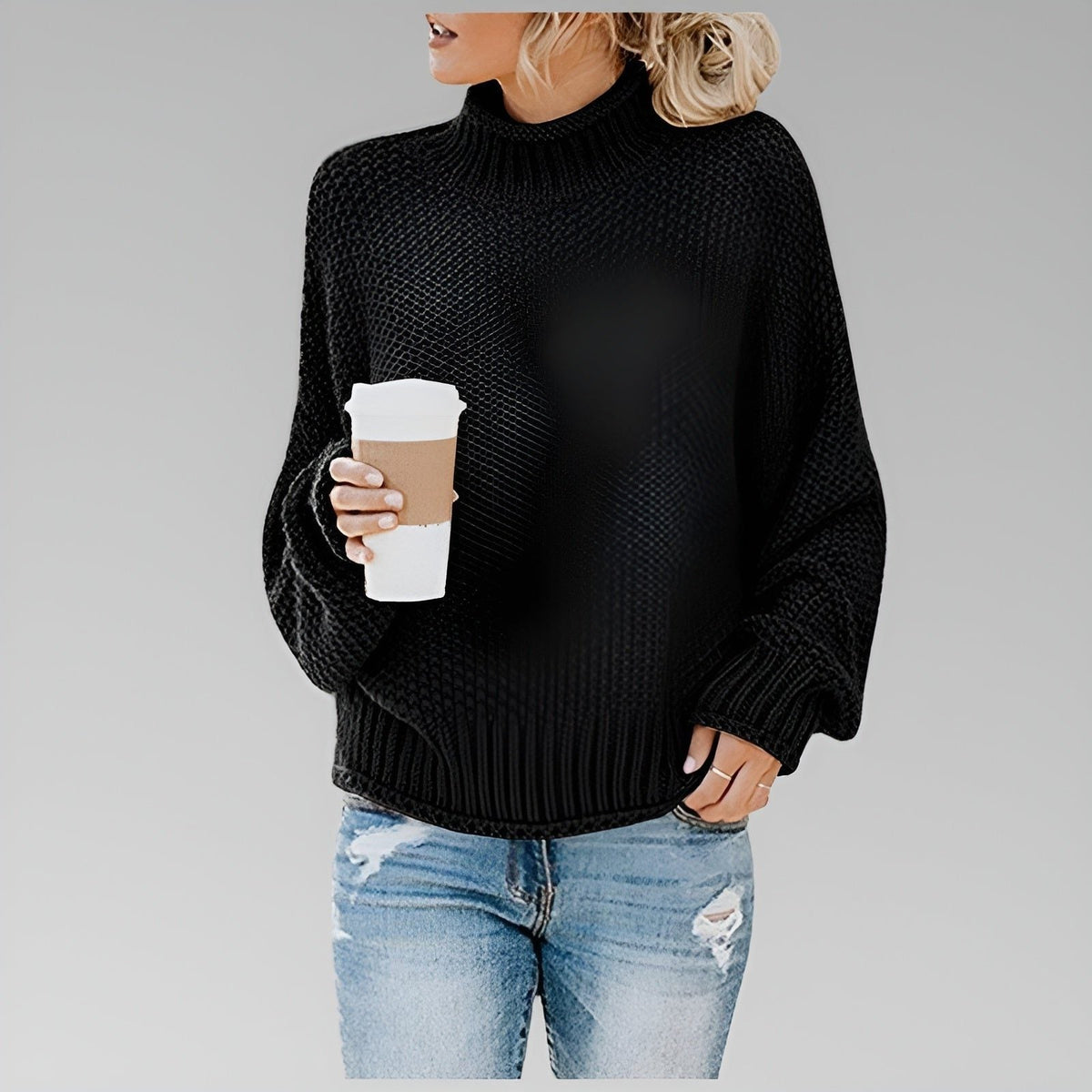 Women's Slouchy Textured Turtleneck Sweater - Black
