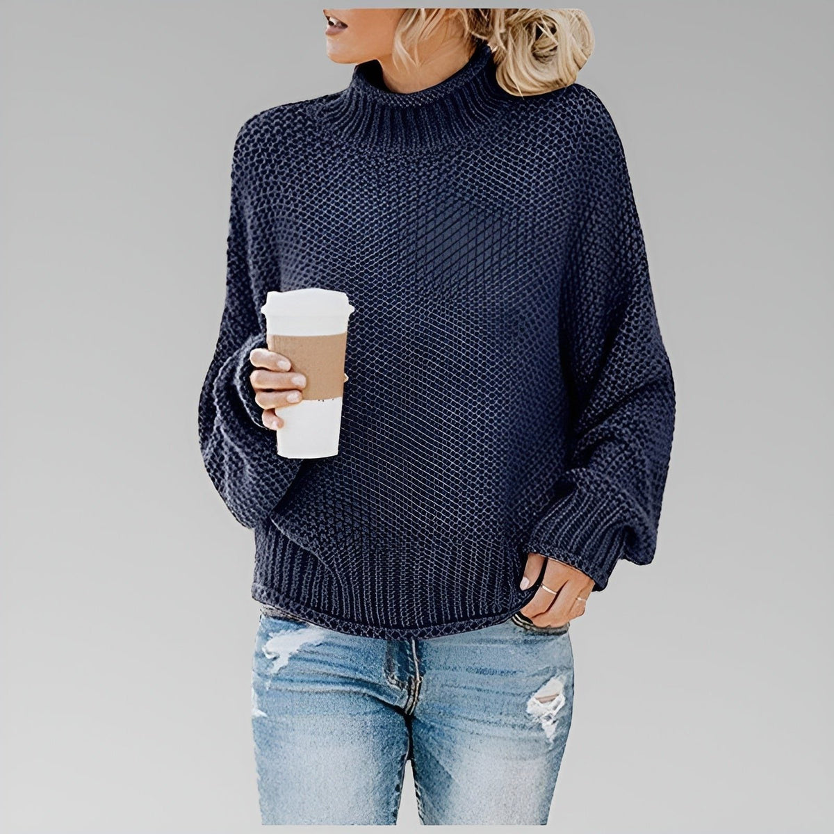 Women's Slouchy Textured Turtleneck Sweater - Royal Blue