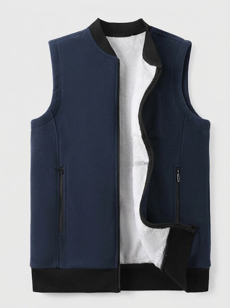 Men's Sleeveless Fleece-Lined Layering Vest With Ribbed Hem - Navy Blue