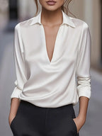 Women's Satin V-Neck Blouse Draped Collar Elegance