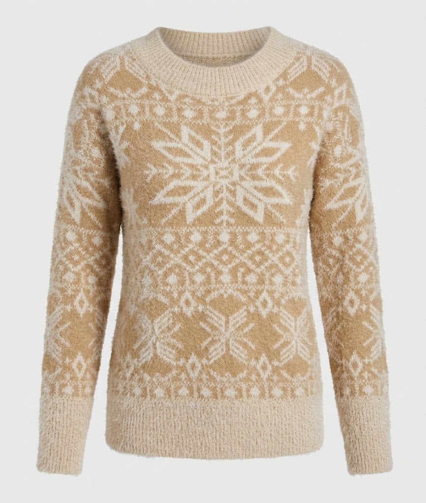 Women's Snowflake Crew Neck Winter Sweater with Ribbed Edges - Beige