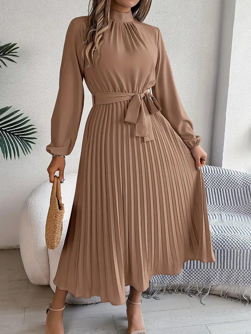 Women's Pleated Midi Dress with High Neck Tie