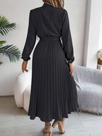 Women's Pleated Midi Dress with High Neck Tie