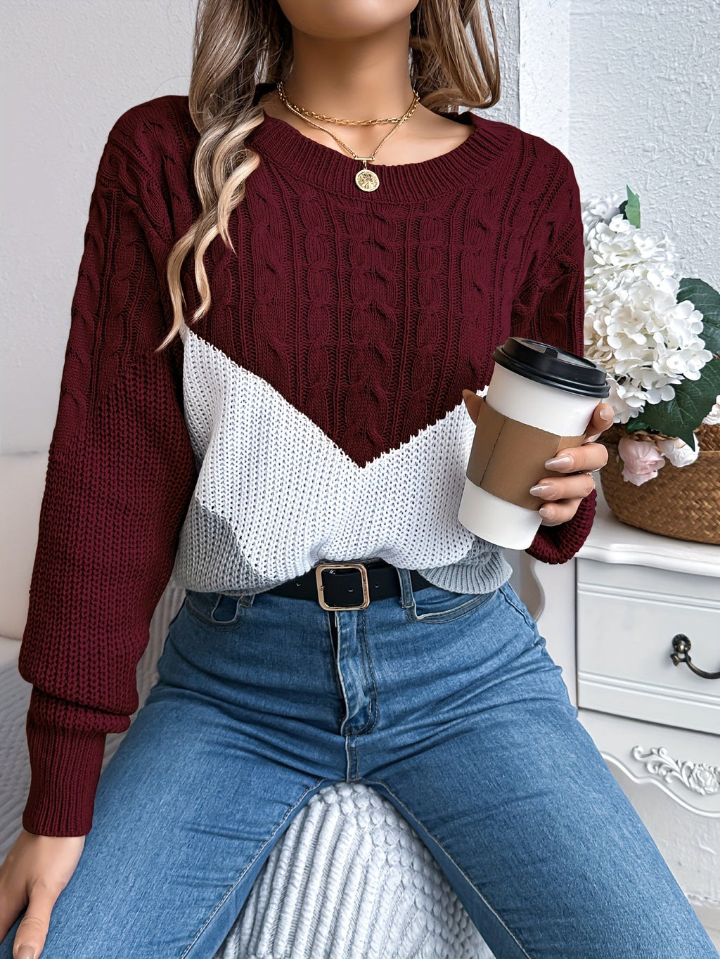 Women's Soft Knit Two-Tone Crew Sweater with Gentle Stretch