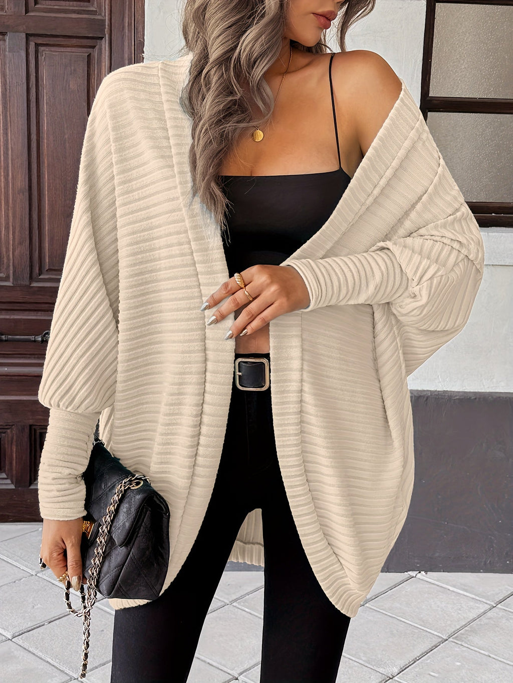 Women's Buttonless Ribbed Drape Cardigan