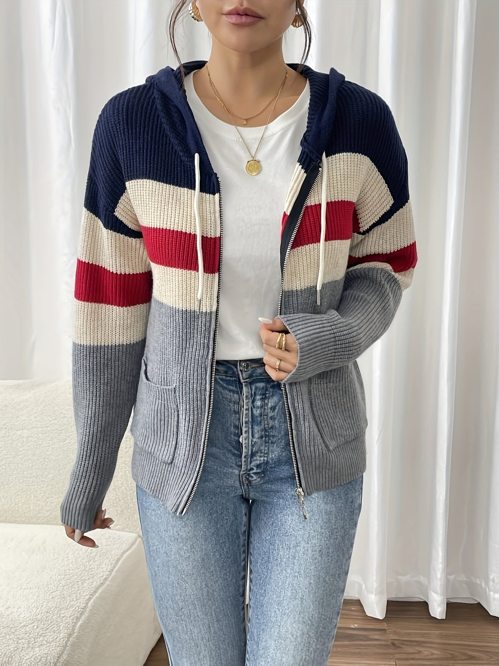 Women's Multicolor Rib Knit Hooded Zip-Up Cardigan