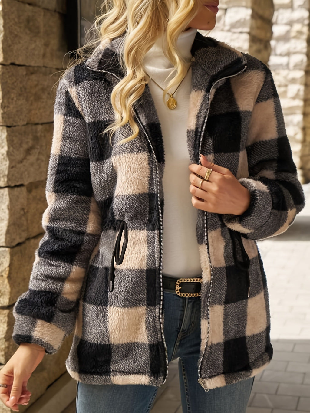 Women's Soft Plush Zip-Up Hooded Plaid Jacket