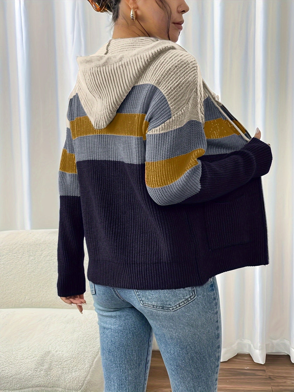 Women's Multicolor Rib Knit Hooded Zip-Up Cardigan