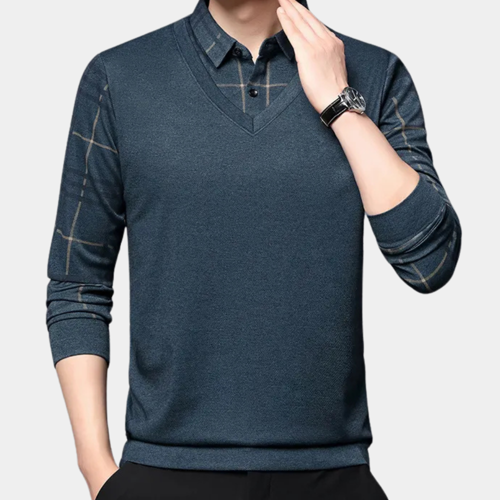 Men's Layered V Neck Sweater with Printed Sleeve Accents