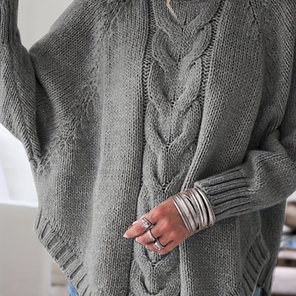 Women's Thick Textured High-Neck Sweater with Cable Detail - Dark Gray