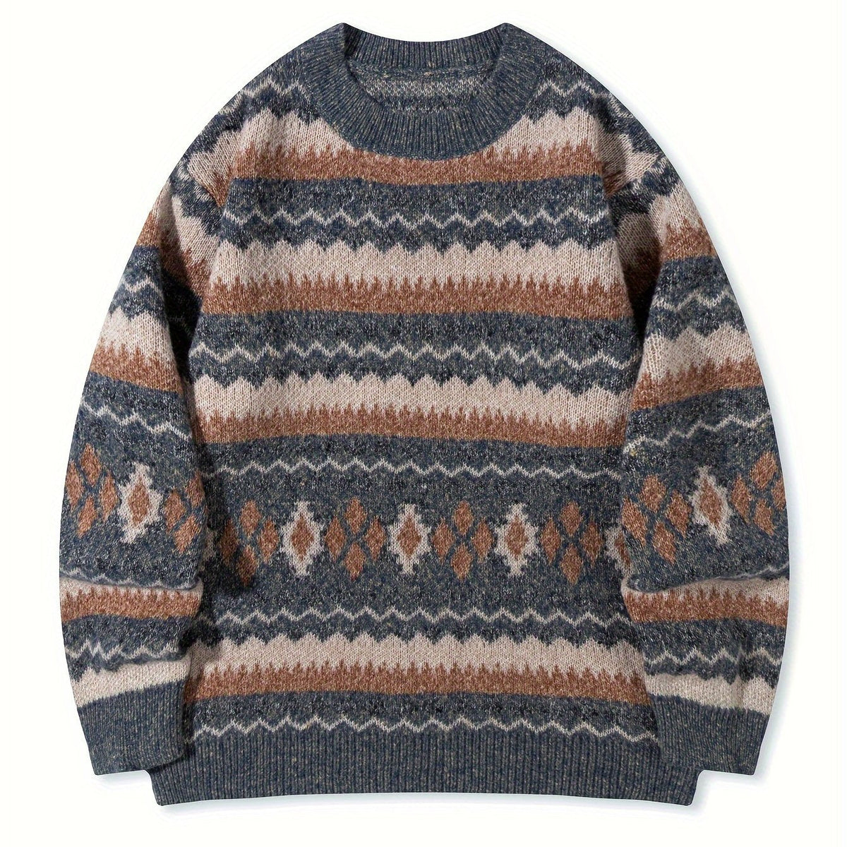 Women's Relaxed Nordic-Pattern Knit Sweater - Light Gray