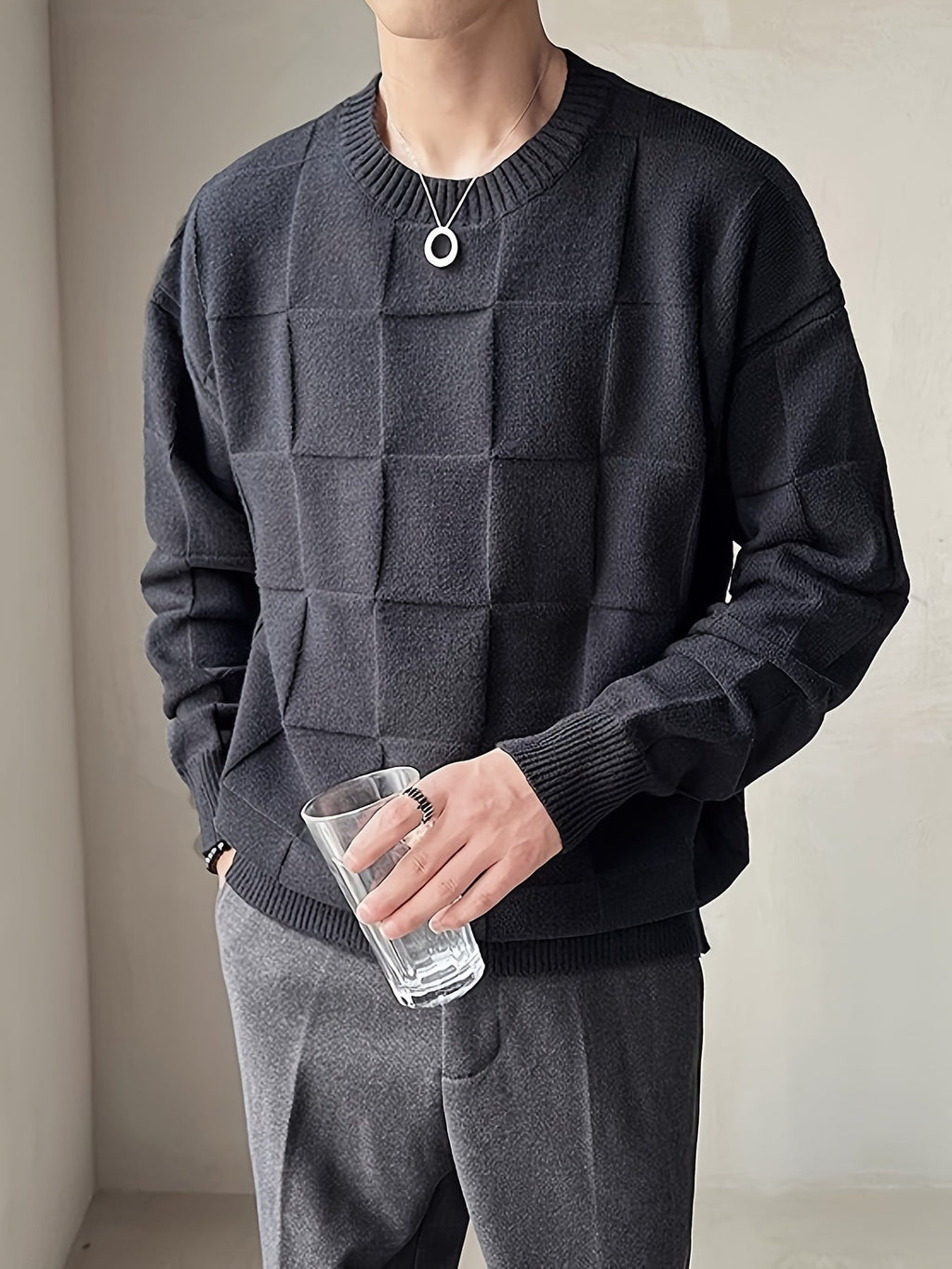 Women's Raised Grid Texture Crewneck Knit Sweater
