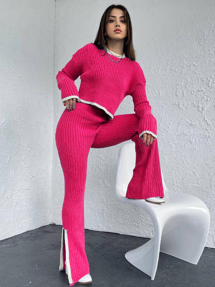 Women's Cool-Weather Knit Two-Piece with Contrast Edging - Hot Pink