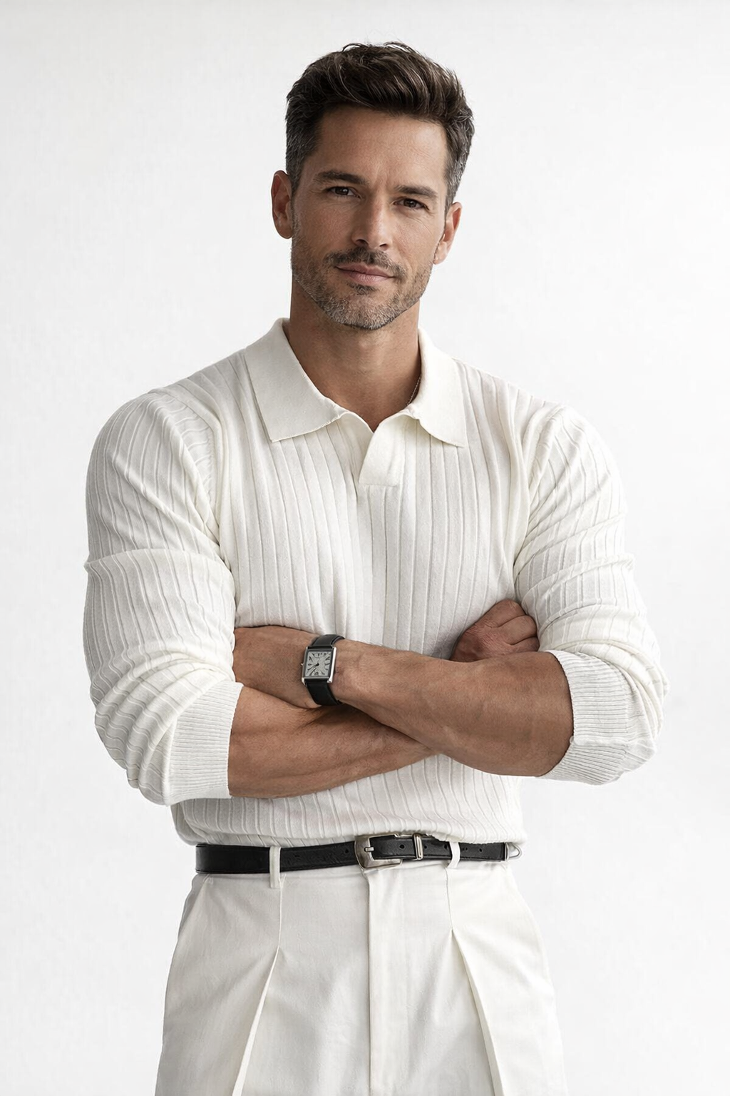 Men's Ribbed Knit Polo Sweater V Neck Slim Fit