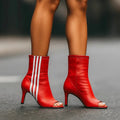 Women's Striped Peep Toe Ankle Boots with Mid Heel – Wine Red
