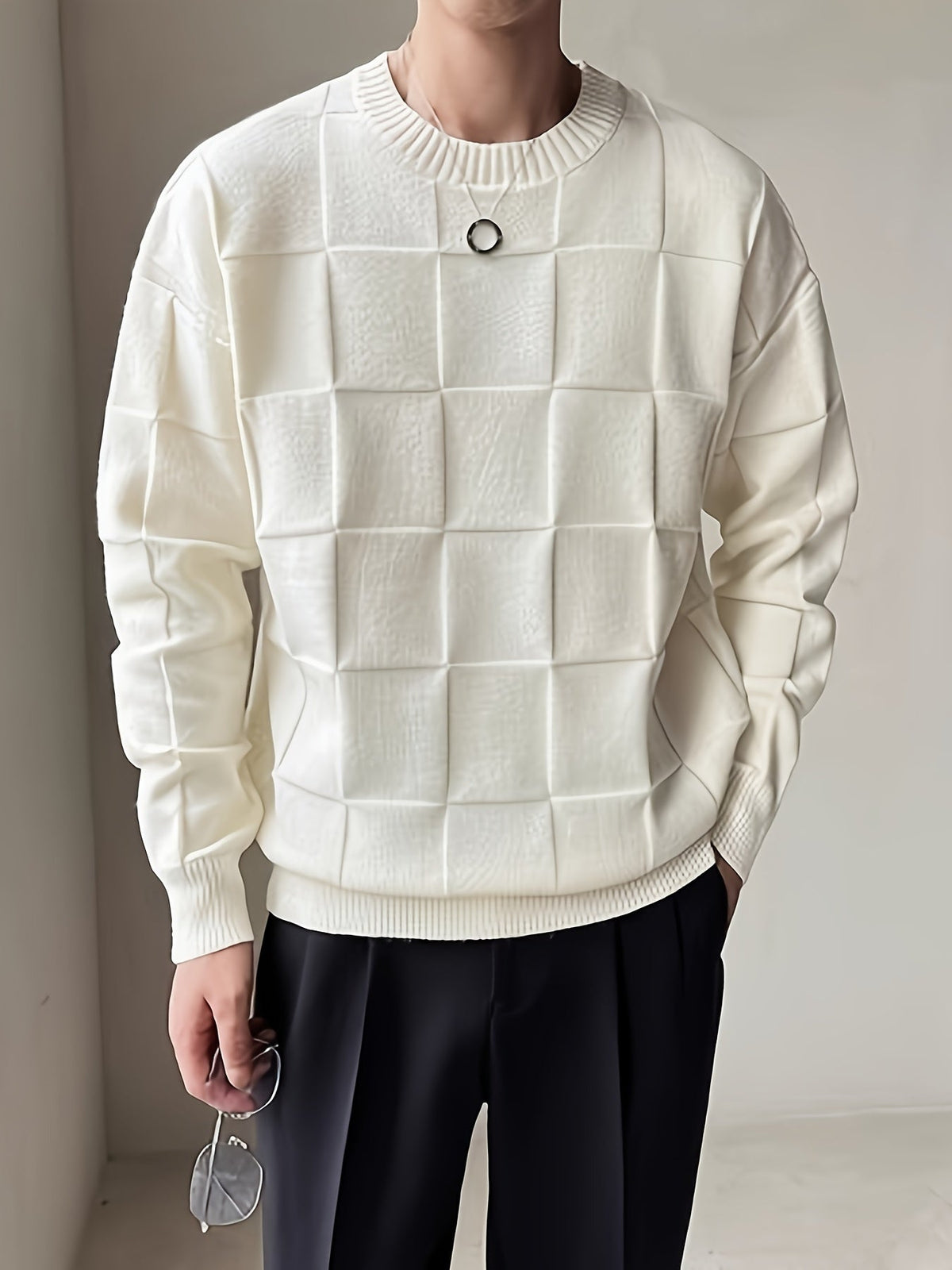 Women's Raised Grid Texture Crewneck Knit Sweater