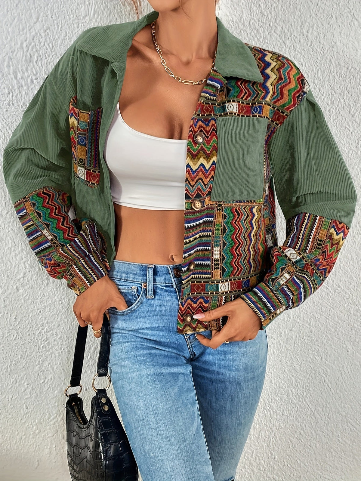 Women's Green Patchwork Jacket with Button Front