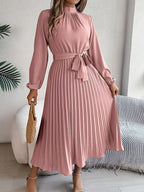 Women's Pleated Midi Dress with High Neck Tie