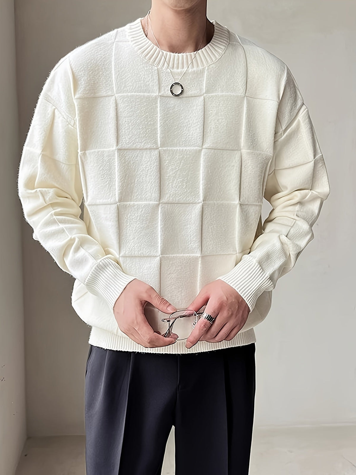 Women's Raised Grid Texture Crewneck Knit Sweater