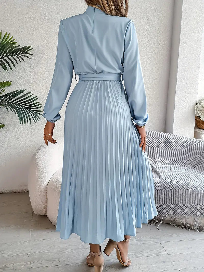Women's Pleated Midi Dress with High Neck Tie