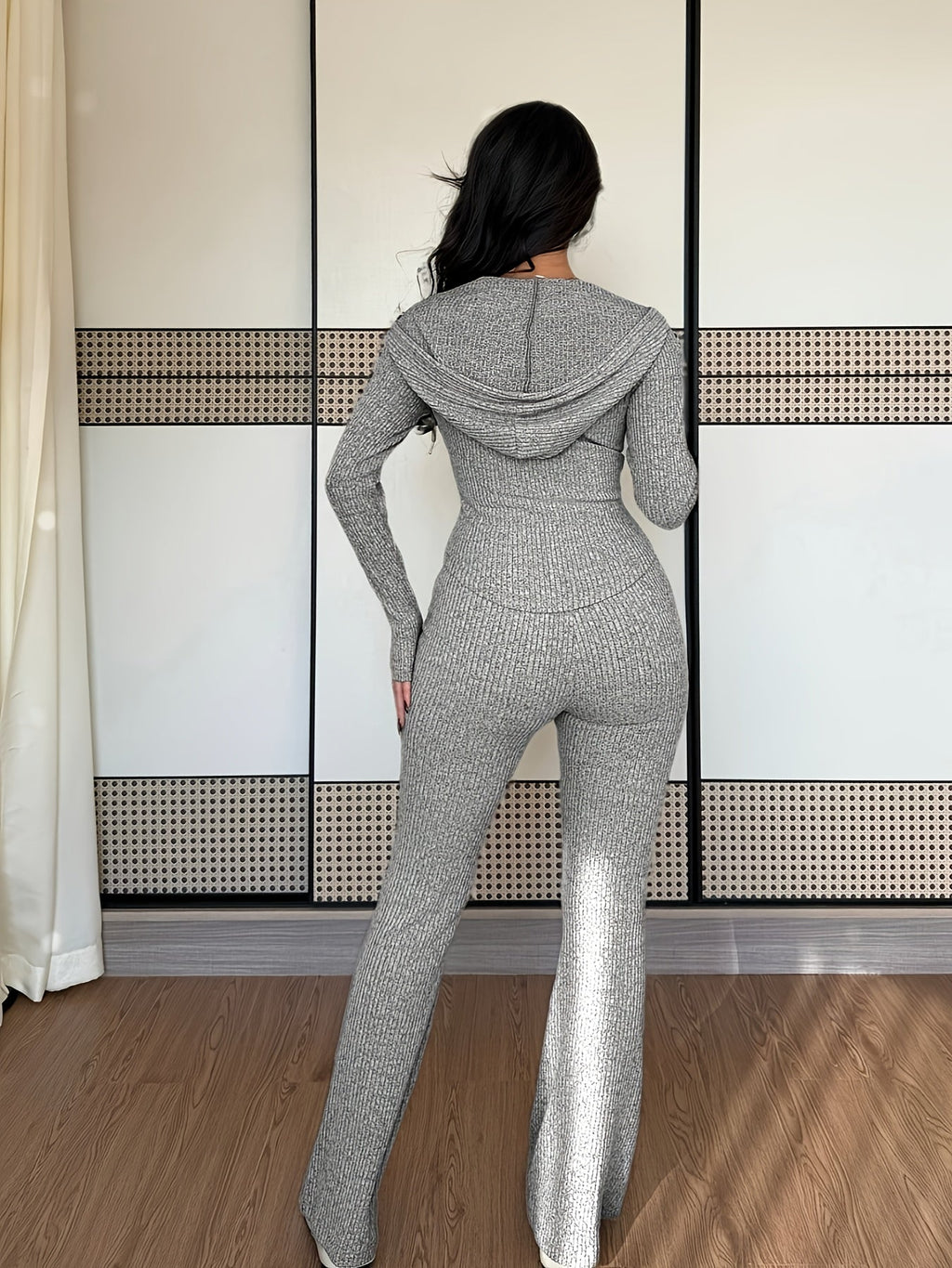 Women's Ribbed Knit Hoodie and Flare Pants Lounge Set