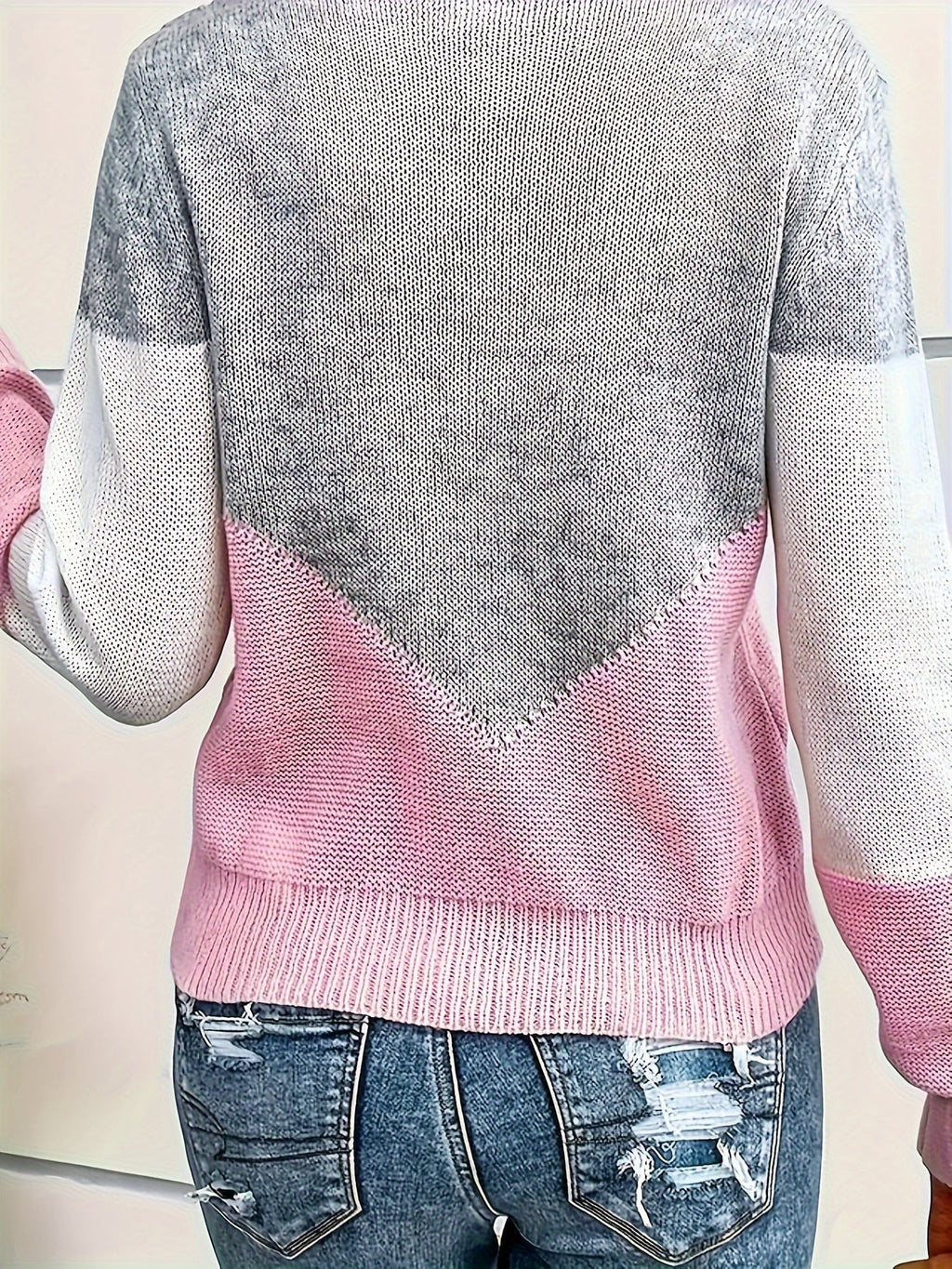 Women's Two-Tone Knit Pullover with Flattering V-Neckline