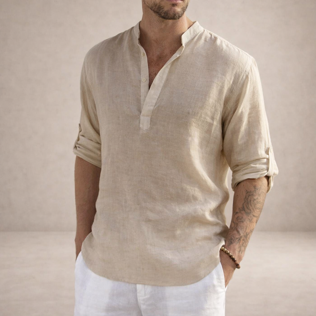 Men's Linen Shirt Open Placket Roll Sleeve Resort Fit