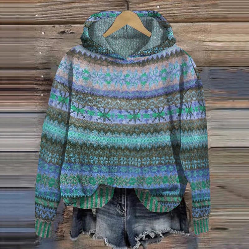 Women's Casual Hooded Knit with Fair Isle Chest Pattern - Blue