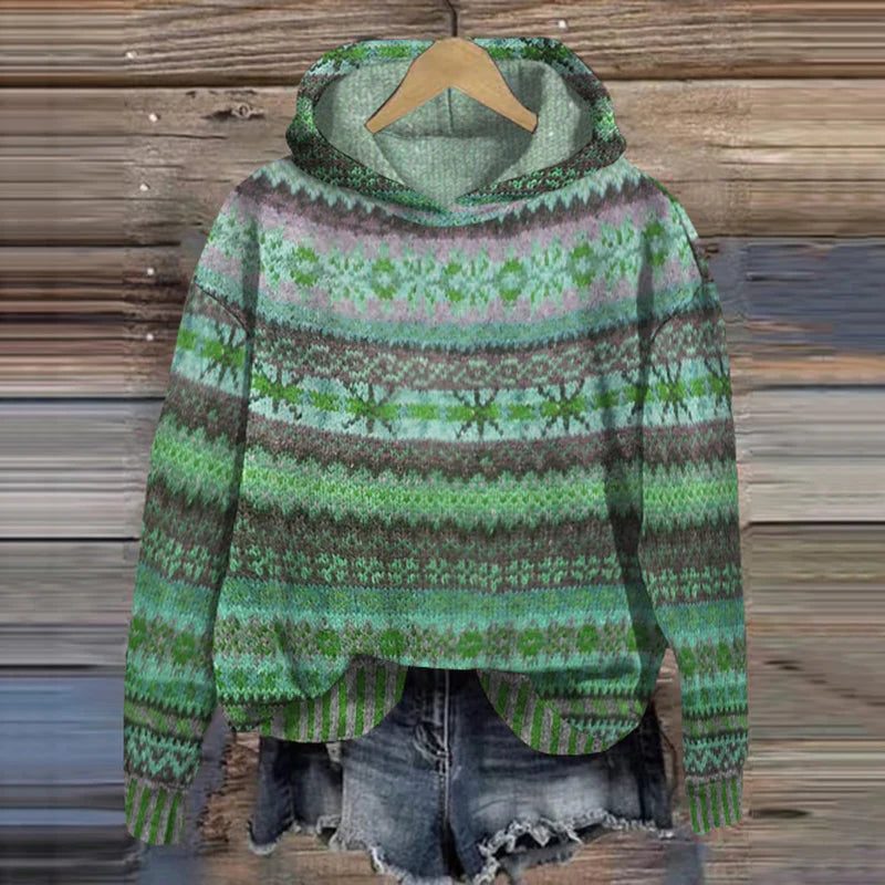 Women's Casual Hooded Knit with Fair Isle Chest Pattern - Green