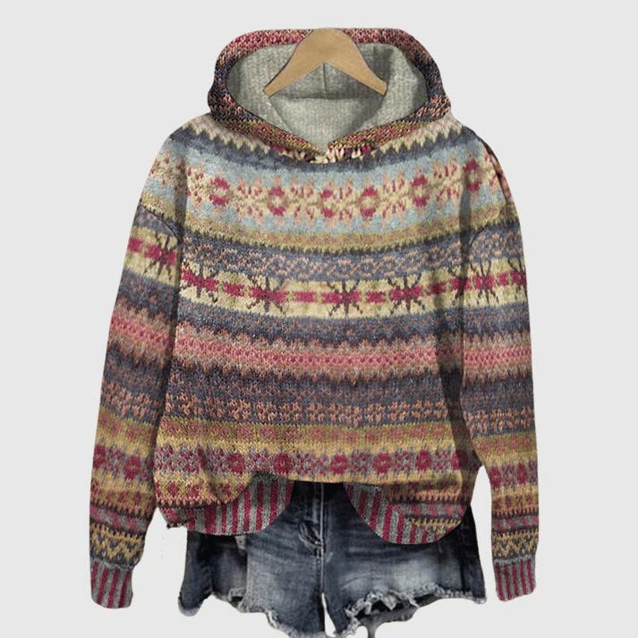 Women's Casual Hooded Knit with Fair Isle Chest Pattern - Brown