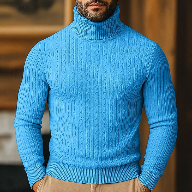 Men's Slim-Fit Turtleneck Sweater with Twisted Cable Texture - Light Blue