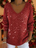 Women's Sparkle Knit V-Neck Holiday Party Sweater - Red