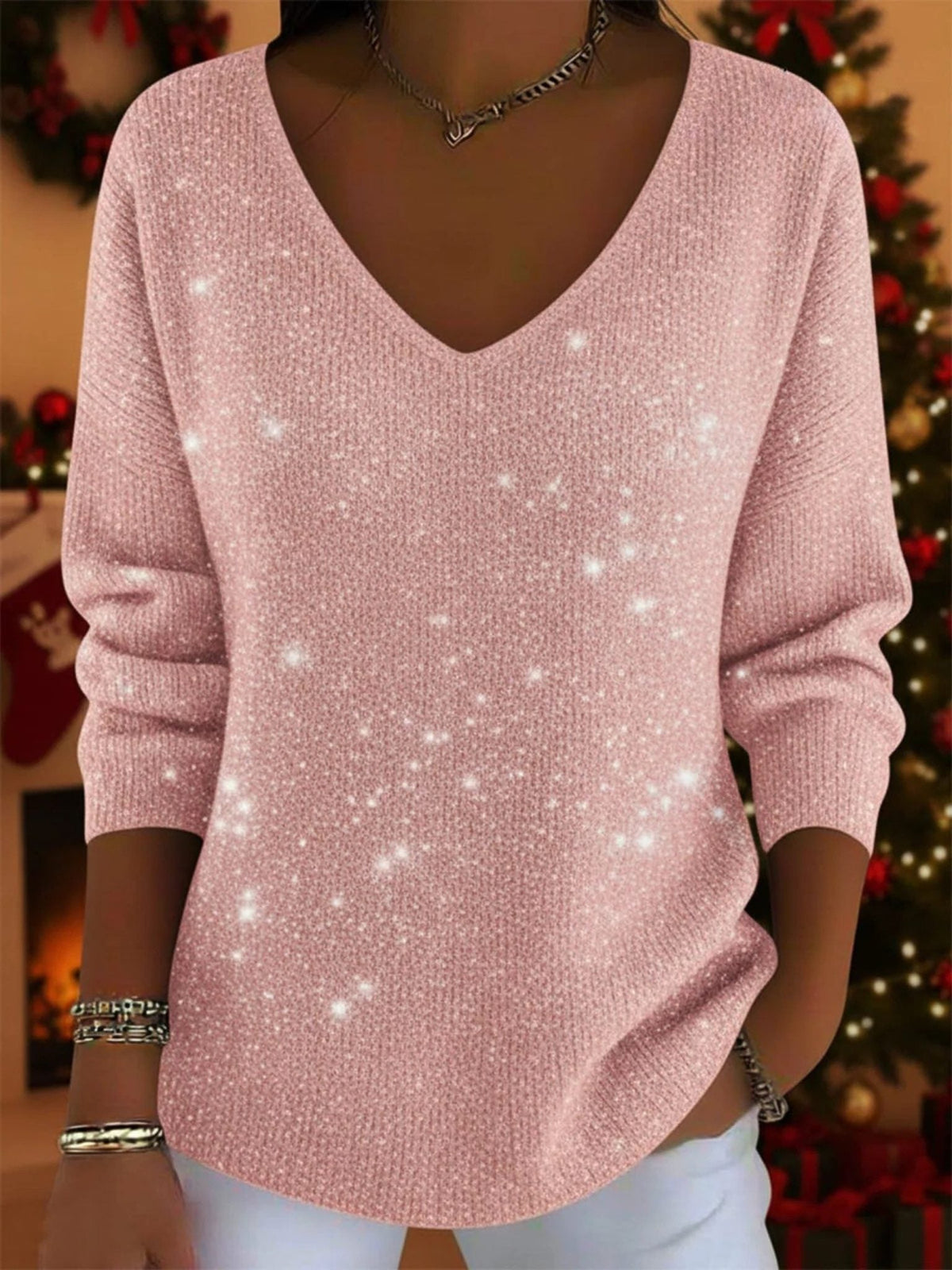Women's Sparkle Knit V-Neck Holiday Party Sweater - Pink