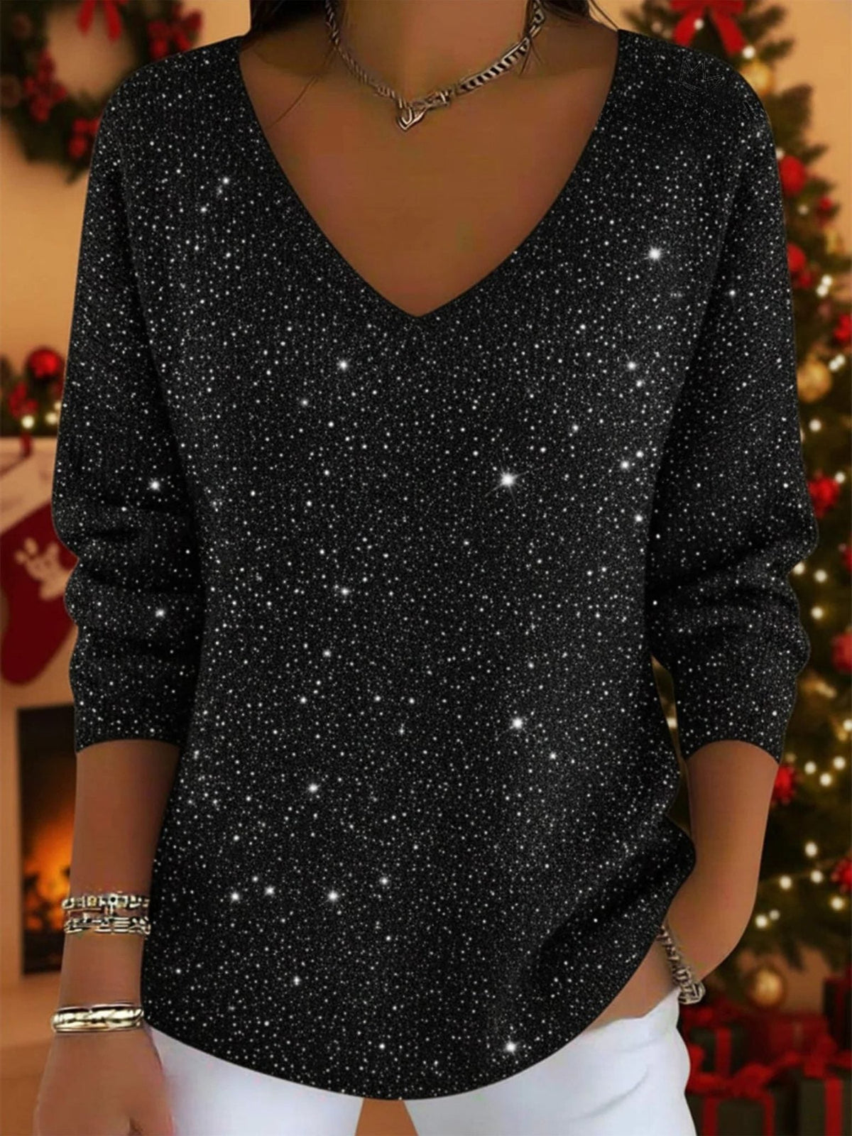 Women's Sparkle Knit V-Neck Holiday Party Sweater - Black