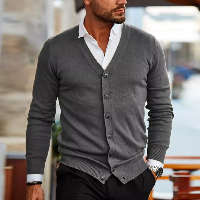 Men's Long Sleeve V Neck Button Up Knit Cardigan