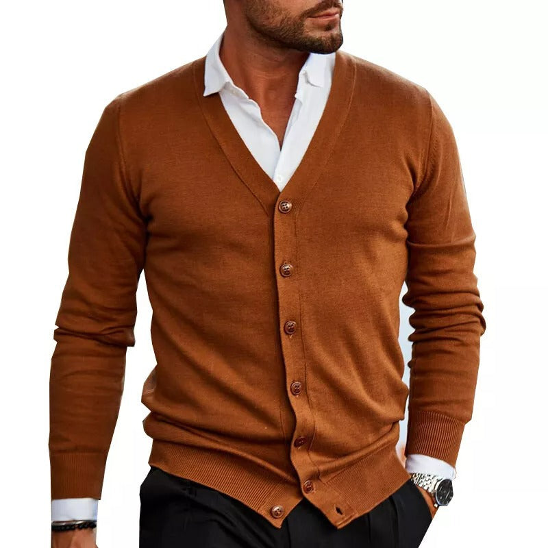 Men's Long Sleeve V Neck Button Up Knit Cardigan
