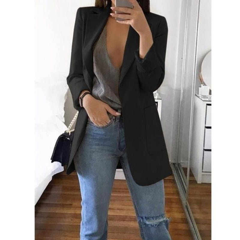 Women's Easy Open-Front Longline Office Blazer - Black