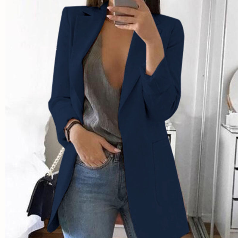 Women's Easy Open-Front Longline Office Blazer - Navy Blue