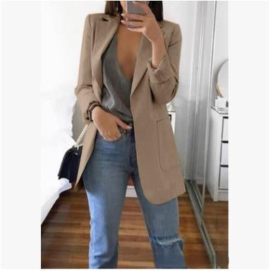 Women's Easy Open-Front Longline Office Blazer - Khaki