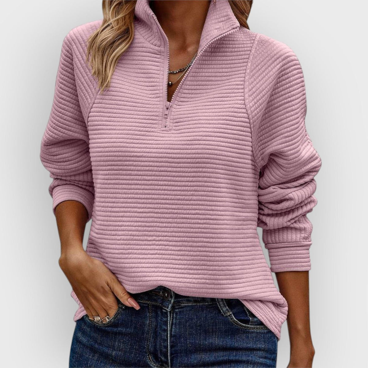Women's Relaxed Zip V-Neck Sweater with Gathered Cuffs - Light Pink