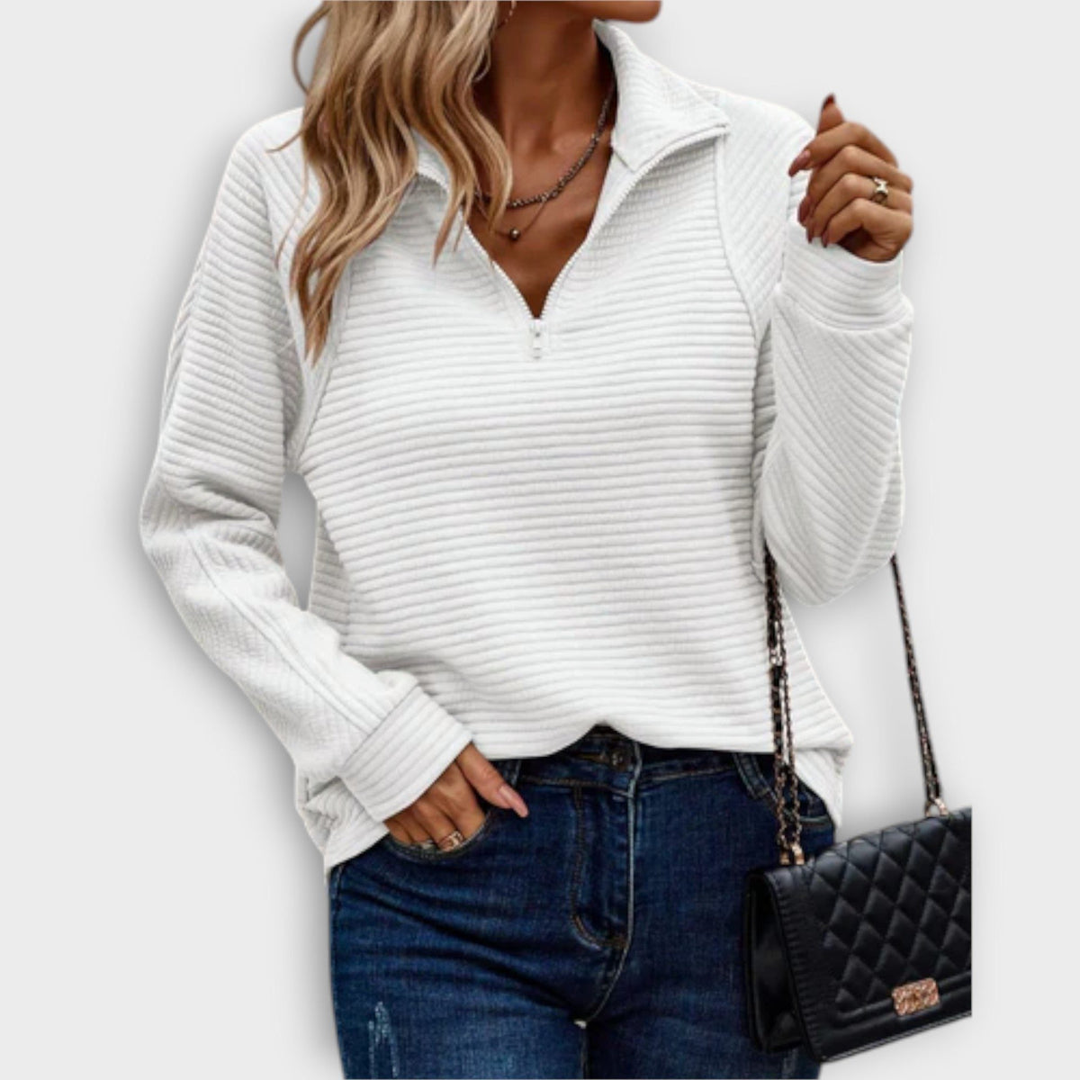 Women's Relaxed Zip V-Neck Sweater with Gathered Cuffs - White