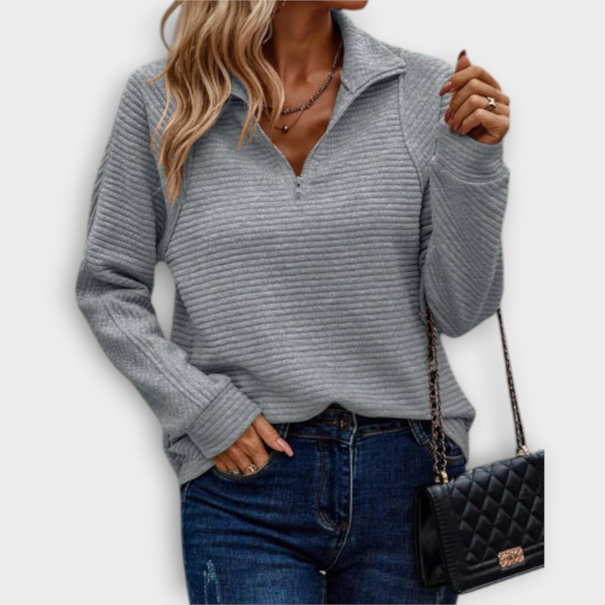 Women's Relaxed Zip V-Neck Sweater with Gathered Cuffs - Gray